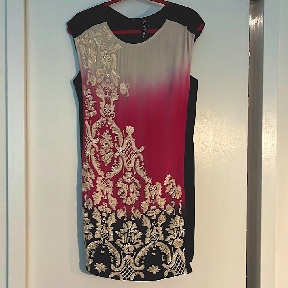 XS silk Asian inspired dress. black, cream, magenta with sequin embroidery